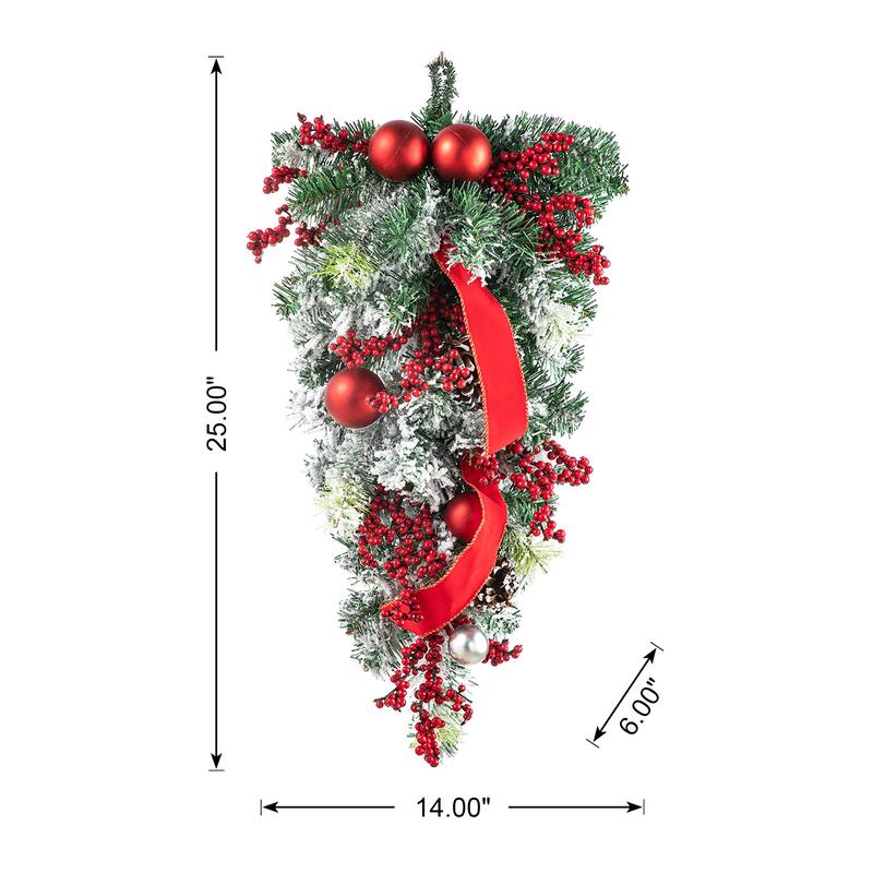 Glitzhome 25"H Artificial Christmas Flocked Berry, Ornament and Pinecone Ribbon Teardrop Door Hanging Decor