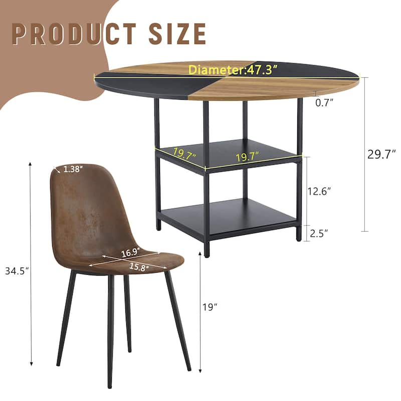 5-Piece Round Dining Table with Double Layer Storage, Wood and Black Fan Panels, Ergonomic Fabric Chairs, Anti-Slip Feet