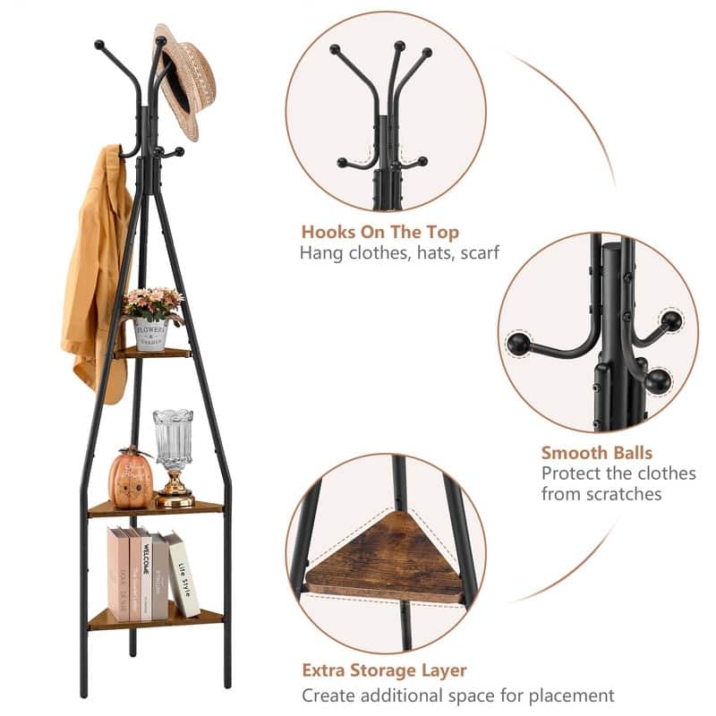 3-Tier Coat Rack Freestanding with Hooks - 8.47"D x 16.93"W x 73.62"H