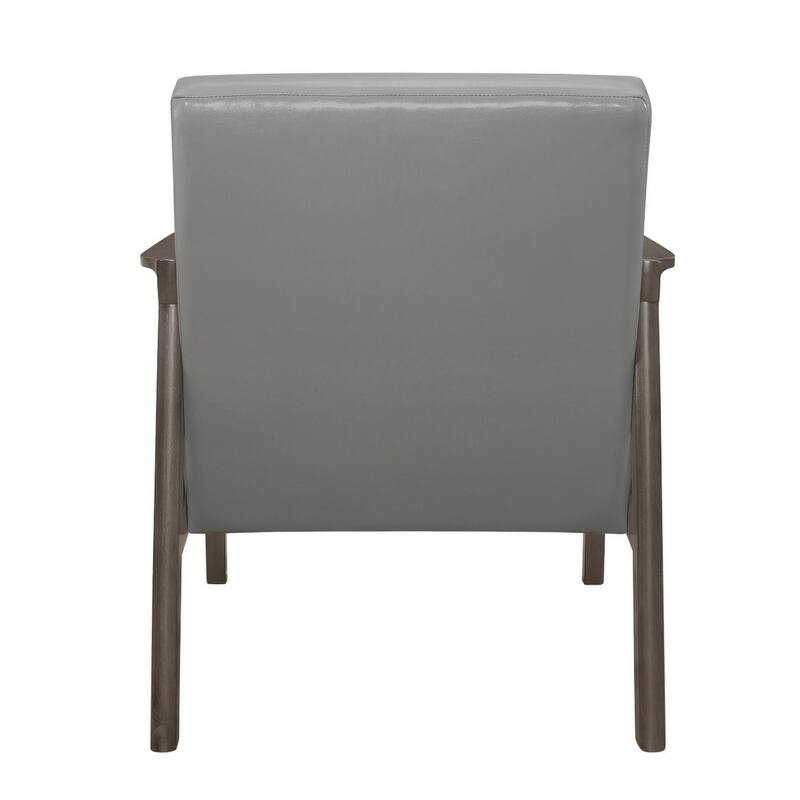 Aly 31 Inch Accent Chair Armchair, Gray Faux Leather, Brown Solid Wood