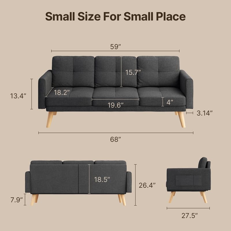 67” Sofa Couch with Soft Armrest Small Sofa Seat with 3 Comfy Pillows，3-Seater Couch for Livingroom