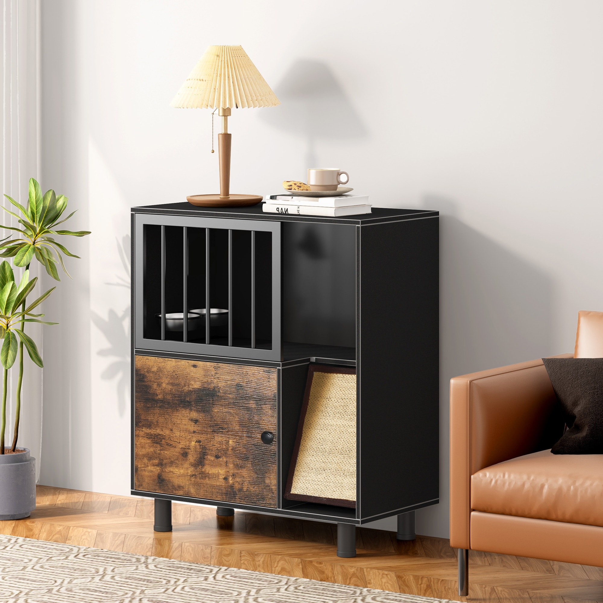 Cat feeding station, feeding station with cat scratching board, cat locker with storage, black vintage