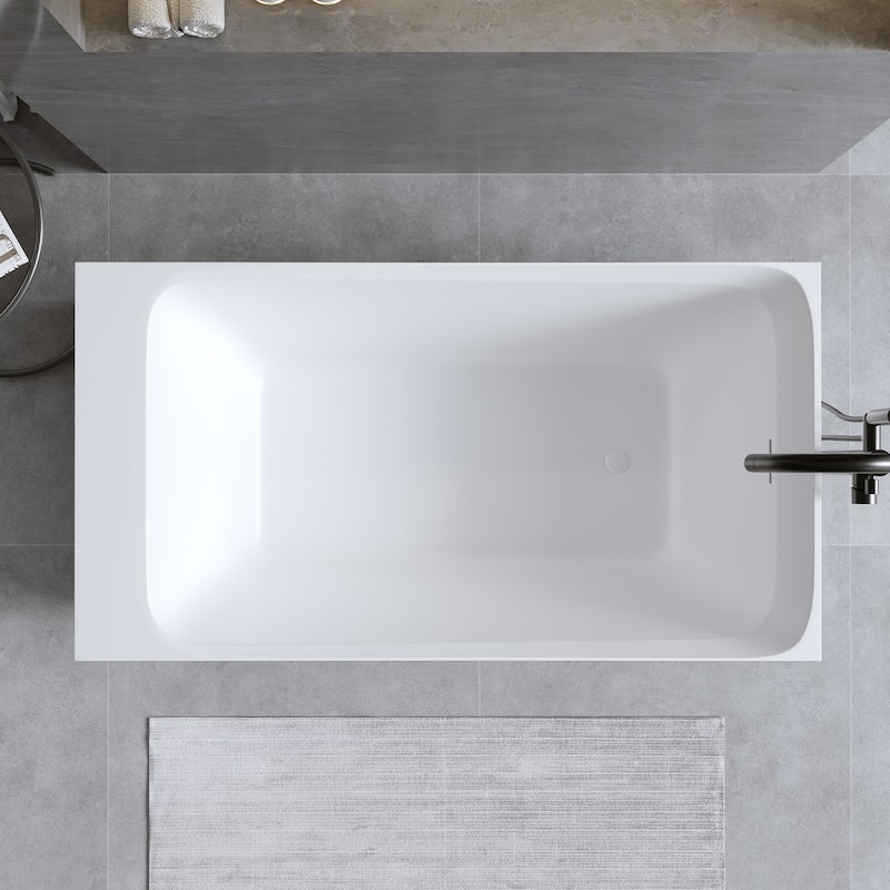 Solid Surface Freestanding Soaking Bathtub with Left Drain and Pop-up Drain, Modern Matte White Tubs with Overflow
