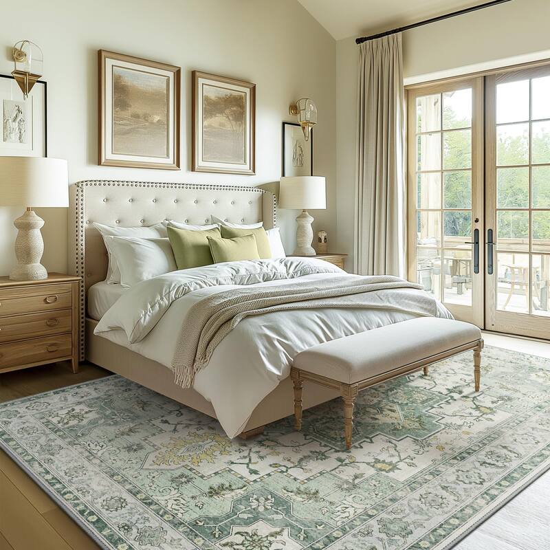 Mcow Green Floral Faded Low Pile Machine Washable Non-Slip Area Rug