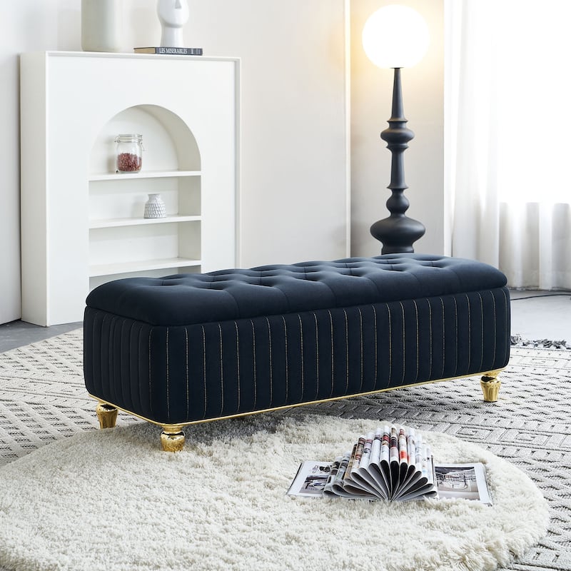 Upholstered Velvet Fabric Storage Ottoman with Safety Hinge