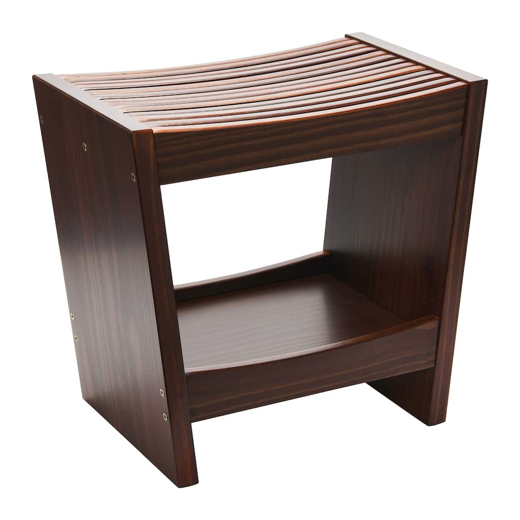 Slatted Solid Wood Stool With Storage Shelf