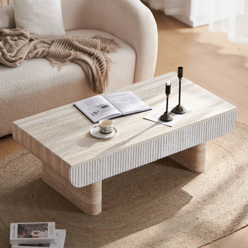 Coffee Table with Faux Marble Tabletop, Mid Century Modern Coffee Table with Fluted Drawer, Coffee Table for Living Room