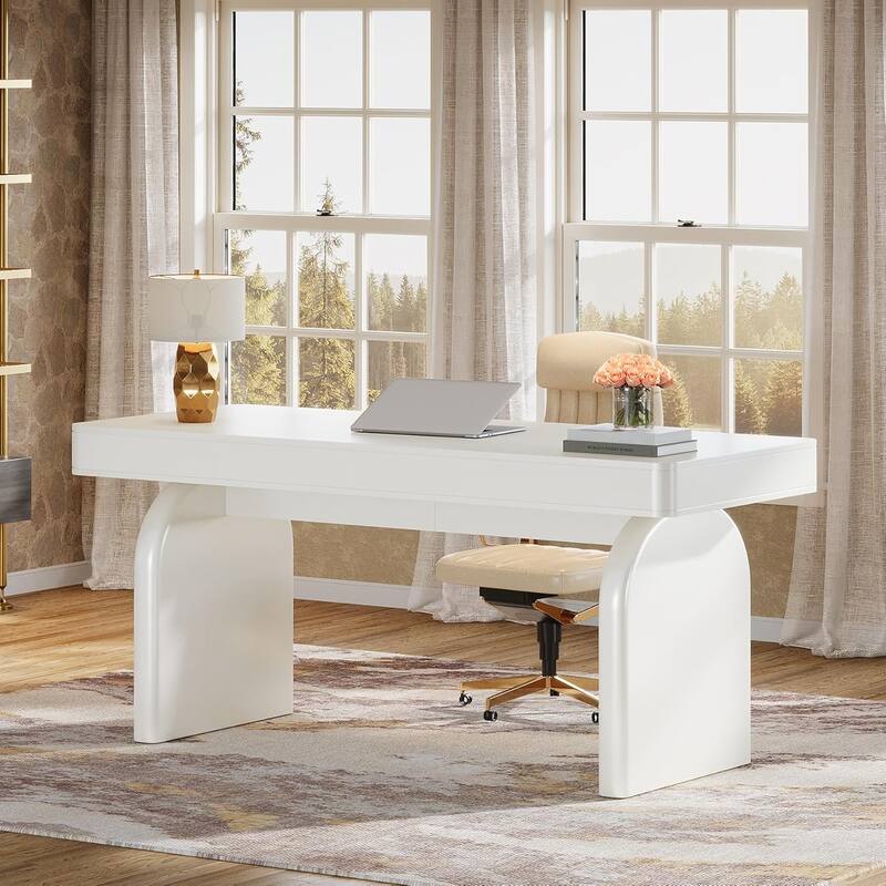 White Home Office Desk with Drawers, 63-Inch Modern Executive Desk
