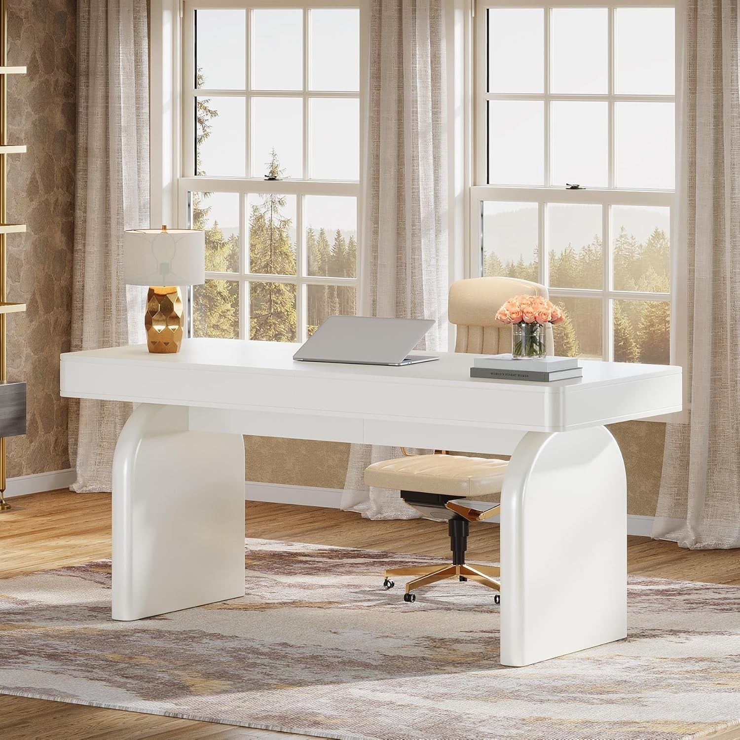 White Home Office Desk with Drawers, 63-Inch Modern Executive Desk