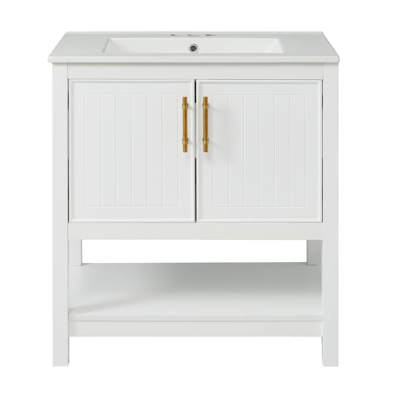 Modern 30" Bathroom Vanity Set with Ceramic Sink, Gold Accents, Soft-Close Doors & Open Shelf for Small Spaces