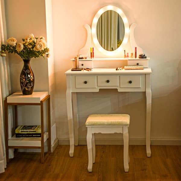Shop Gymax 5 Drawers Vanity Makeup Dressing Table Stool Set Lighted Mirror Overstock 25253851