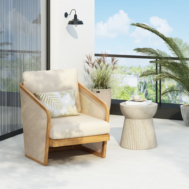 Christopher Knight Home - Carl Acacia Wood Outdoor Club Chair With Table Set - Teak Finish+Beige Cushion+Travertine