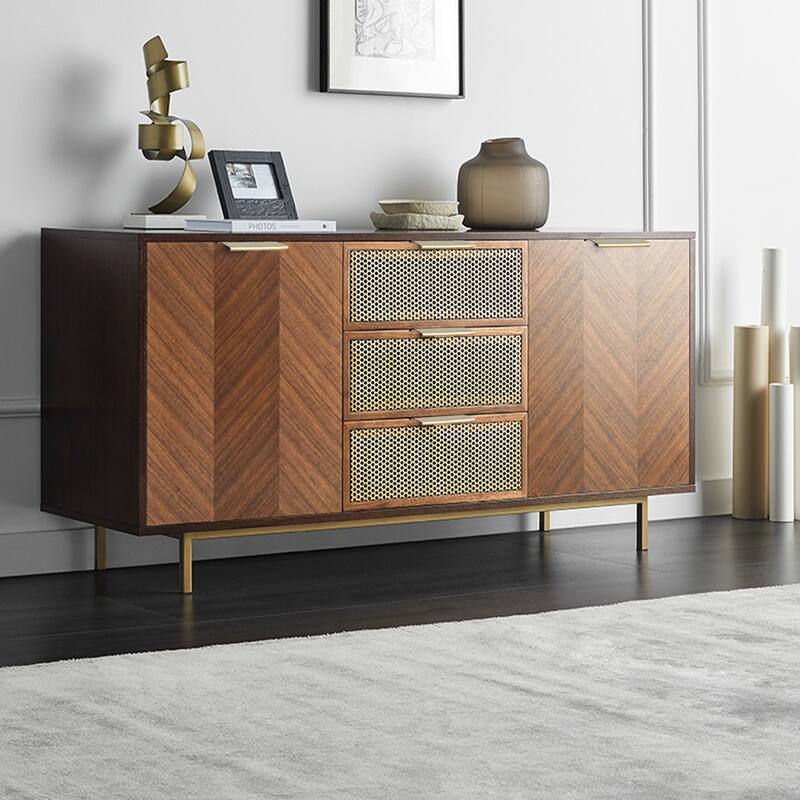 59.06” Modern Mid-Century Walnut Sideboard Buffet with 3 Drawers 2 Door Cabinet, Multi-layer Solid Wood Frame, Fully Assemble