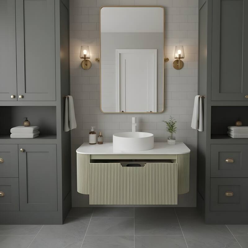 Wall Mounted Bathroom with White Round Ceramic Basin and Drawer