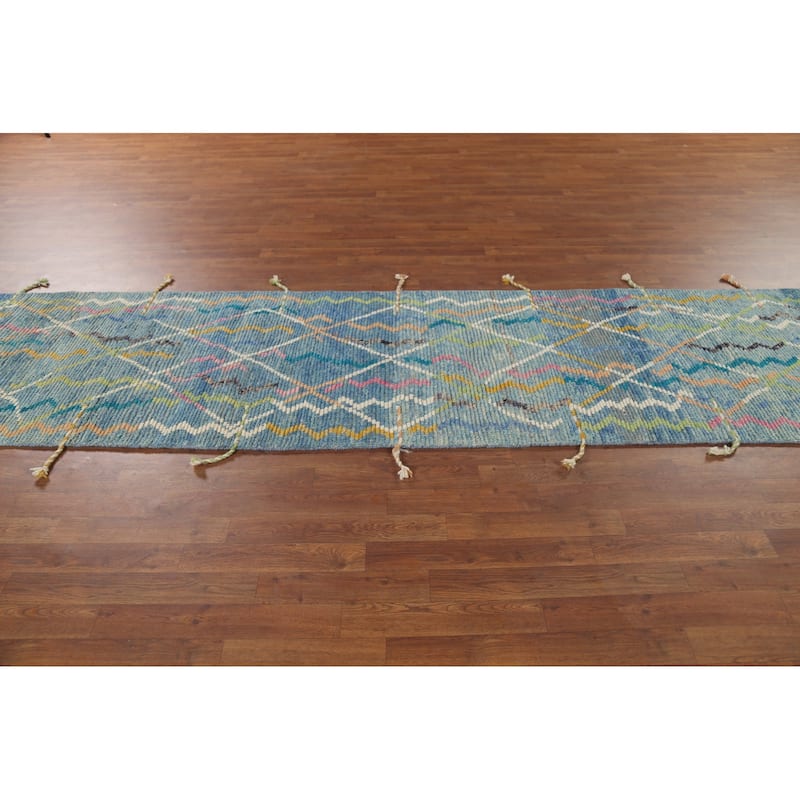Contemporary Blue Moroccan Runner Rug Hand-Knotted Wool Carpet - 2'10"x 16'1"