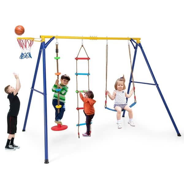 slide 2 of 10, Gymax 4-in-1 Kids Swing Set Carbon Steel Swing Stand w/ Basketball Yellow - Kids
