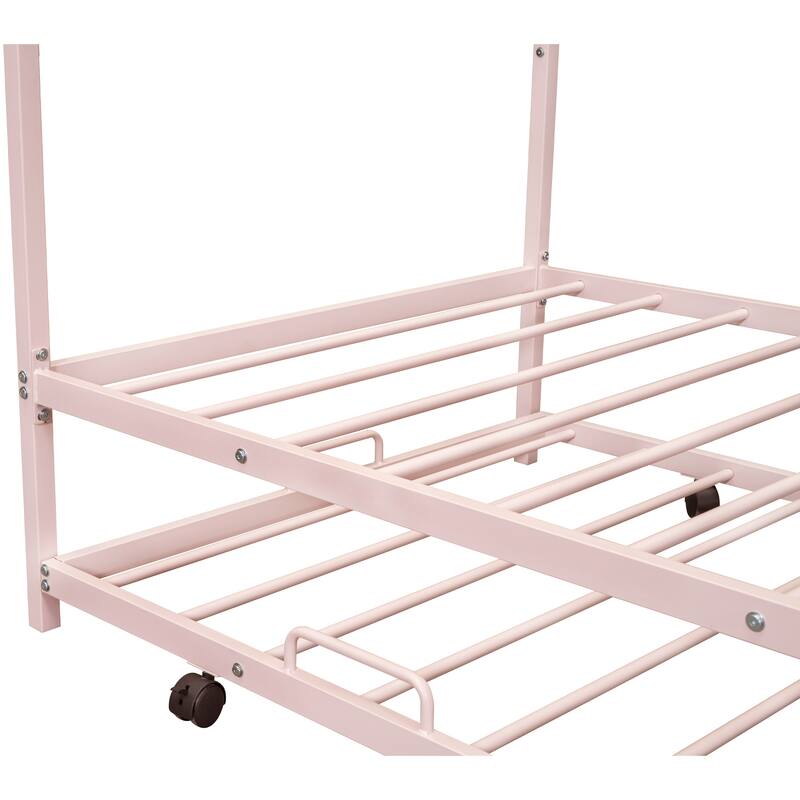 Kids Twin House Bed with Pull-Out Trundle, Metal Frame, Easy Assembly