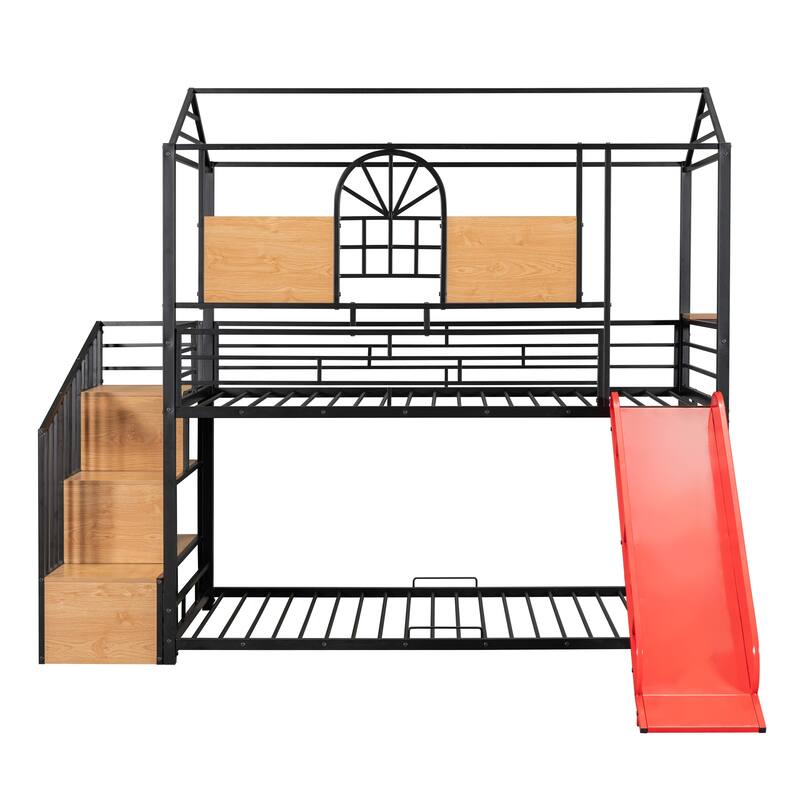 Playful Twin Over Twin Metal Bunk Bed with Slide, Storage Stairs, and House Design for Kids' Rooms