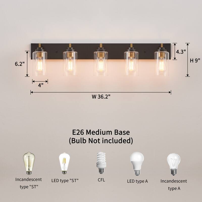 KAWOTI 5-Light Bathroom Vanity Light with Clear Glass Shade