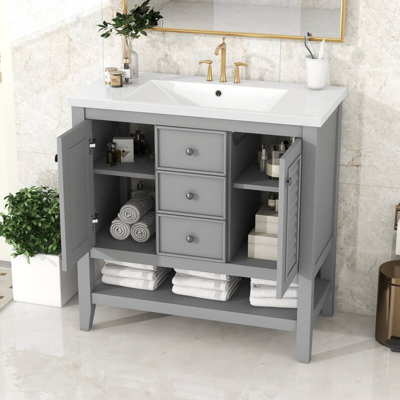 36" Bathroom Vanity with/without Sink, Bathroom Vanity Cabinet with 2 Cabinets and Drawers, Open Shelf, Solid Wood Frame