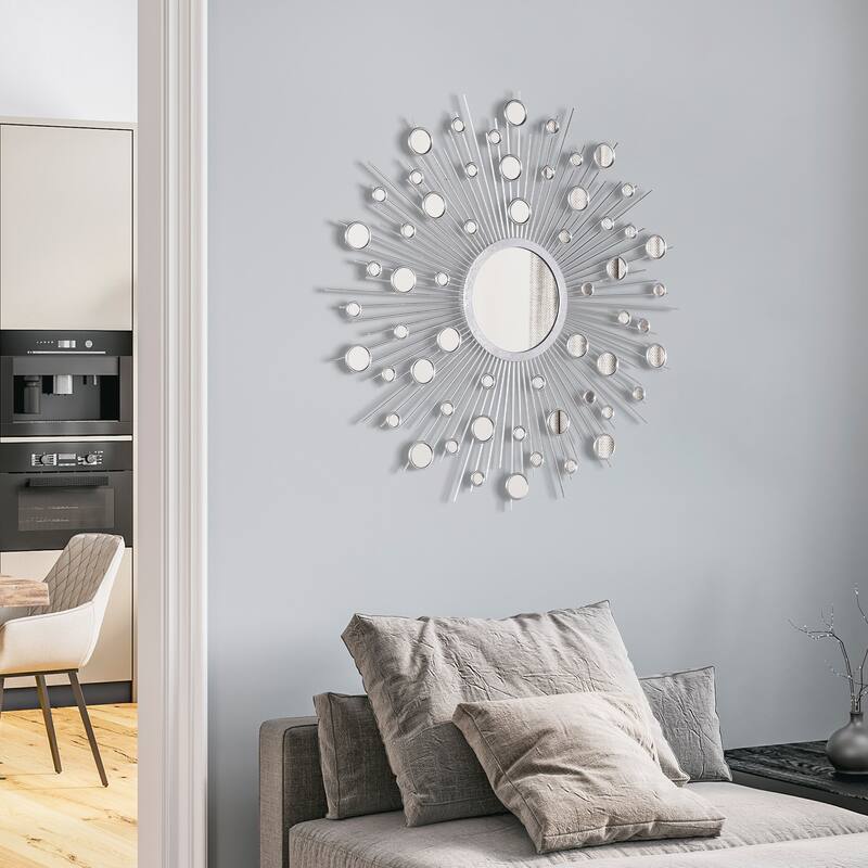 "Milkyway I" Bling Round Wall Mirror with Silver Metal Frame, Decorative Mirror - 36 x 36