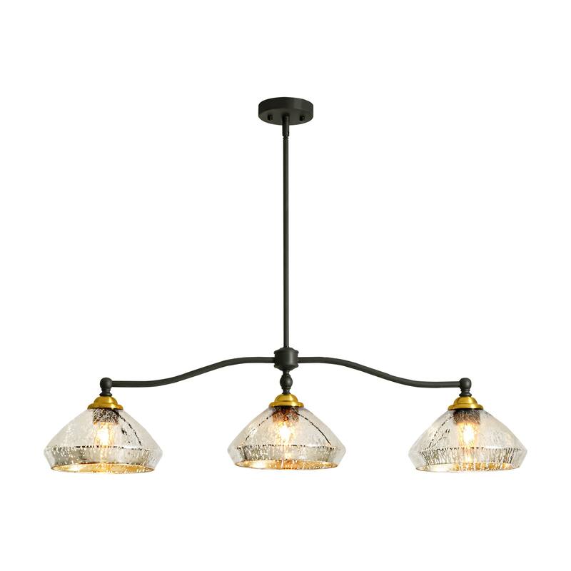 3-Light 39" W Industrial Black Linear Island Lights with Antique Brass Color Dome Glass Shade for Kitchen, Dining Room