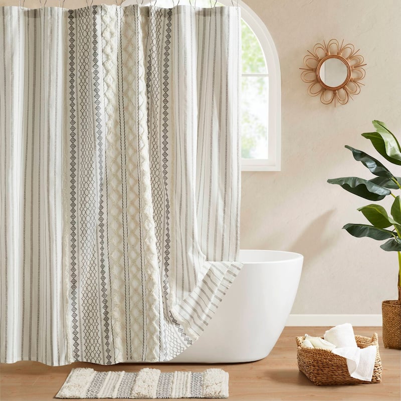 INK+IVY Imani Cotton Printed Shower Curtain with Chenille - Ivory