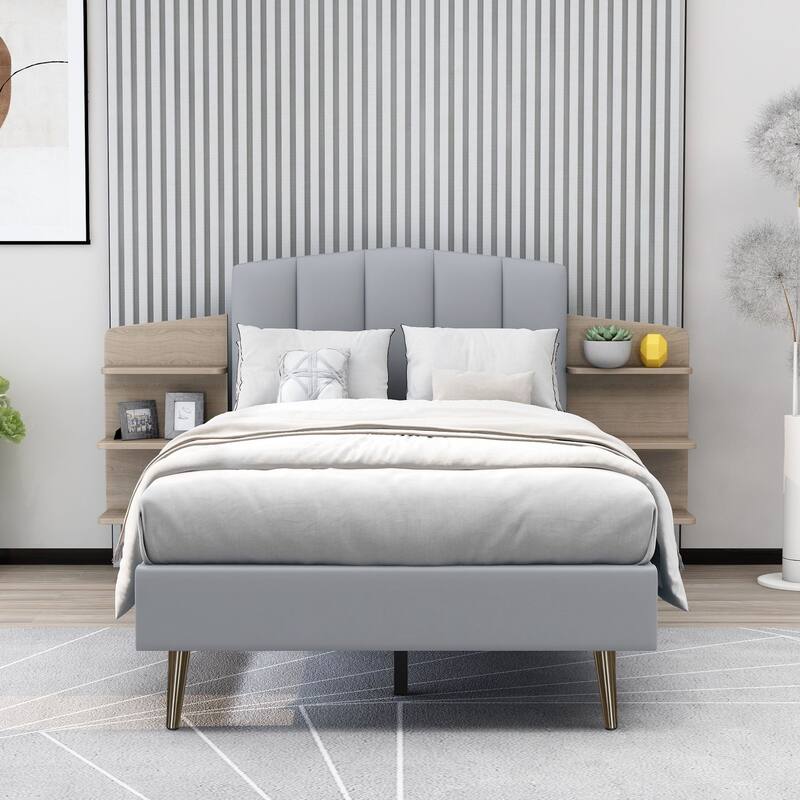Alazyhome Upholstered Platform Bed Frame with Bedside Cupboard