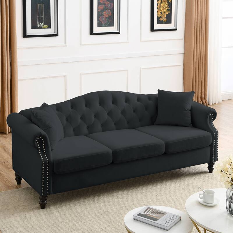 Chesterfield Velvet 3+3 Seater Sofa Tufted Couch with Rolled Arms and Nailhead & Pillows for Living Room, Bedroom, Apartment