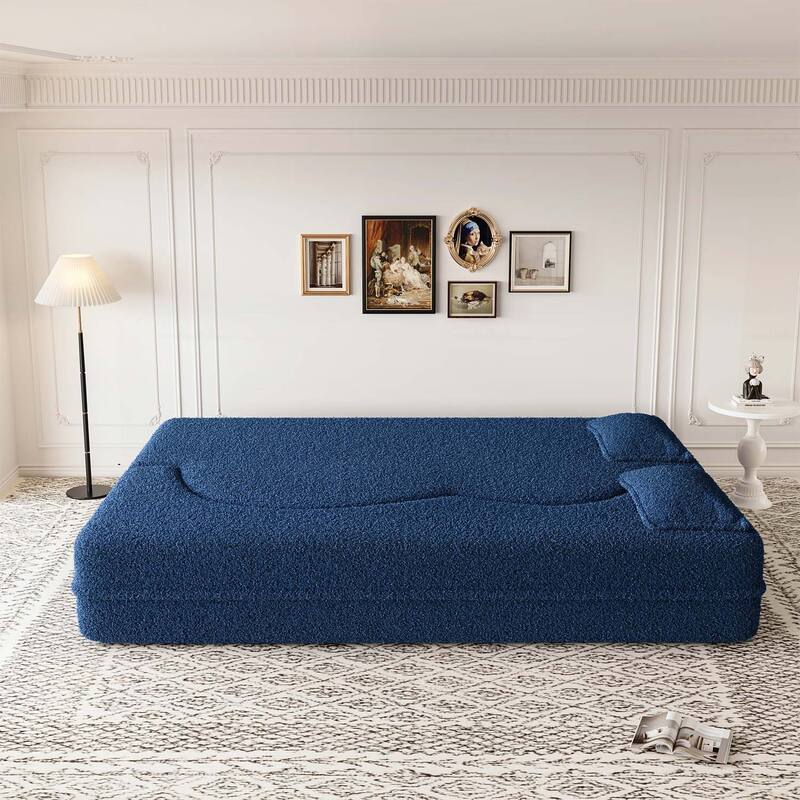 Modern Floor Sofa with 2 Pillows,Convertible Sleeper Sofa Bed - Blue-Teddy Fabric