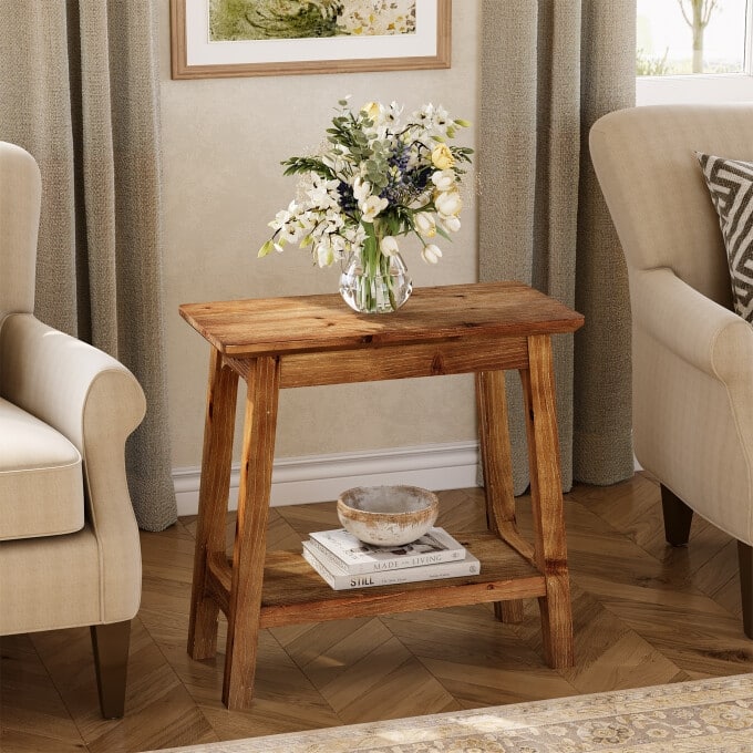 2-Tier Solid Wood End Table, Side Table for Living Room, Bedroom
