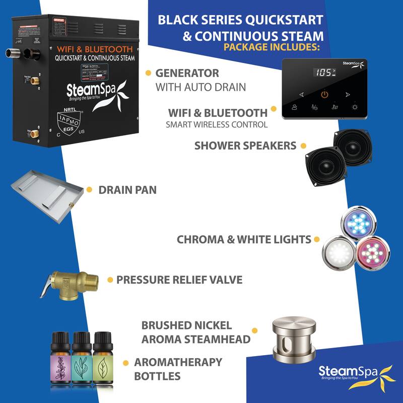 Black Series Steam Bath Generator with Fully Wireless Remote, BLUETOOTH, WIFI, and Auto Drain - 7.5 KW