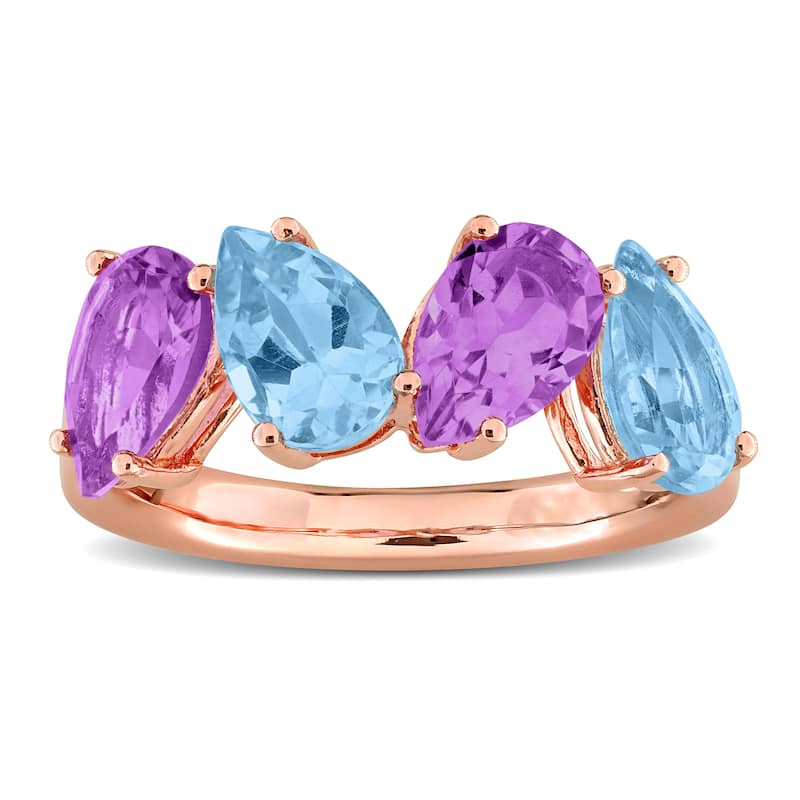 Miadora 3 7/8ct TGW Pear-Shaped Sky Blue Topaz Pink Amethyst Ring Rose Plated Sterling Silver