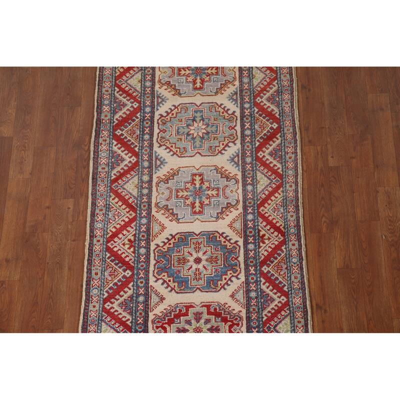 Geometric Kazak Runner Rug Handmade Beige Oriental Wool Carpet - 2'7" x 15'5"