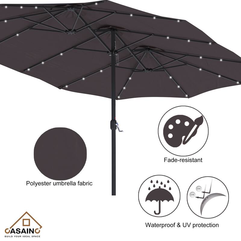 15-ft. Rectangular Crank Double-sided Outdoor Market Umbrella Solar LED Lighted Patio Umbrella with Base Included