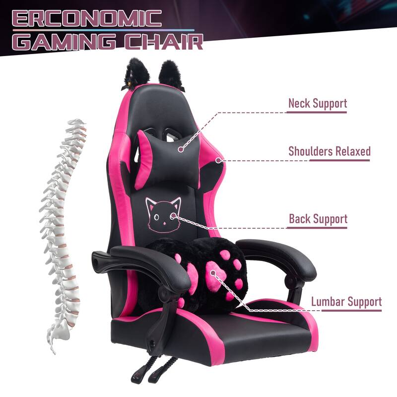 Cute Gaming Chair with Cat Paw Lumbar Cushion and Cat Ears, Ergonomic Computer Chair,Reclining PC Game Chair