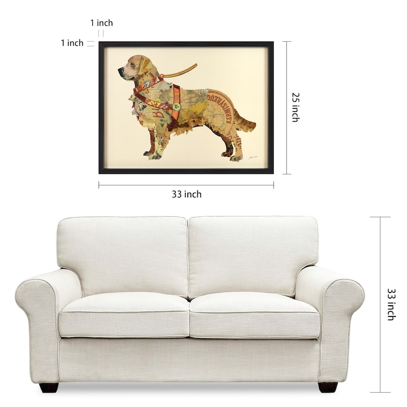 "Golden Retriever" Hand-made Dimensional Wall Art Collage, under glass, encased on a black shadow box frame