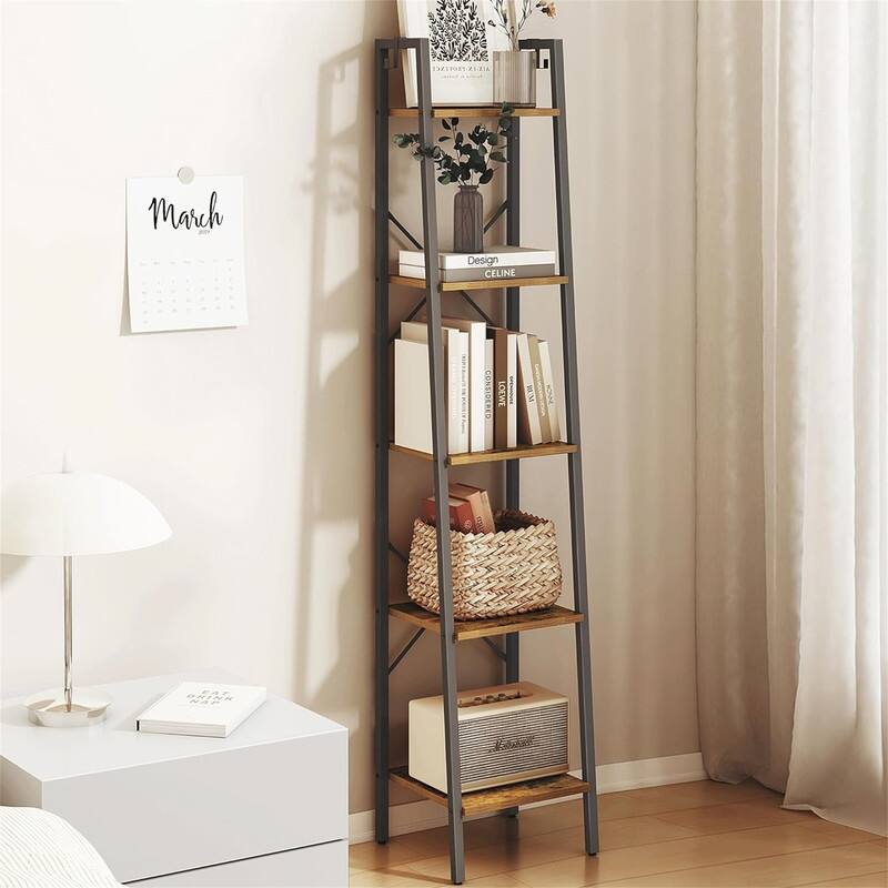 Freestanding Corner Storage Shelve with 2 Hooks for Home Office - 11.8"D x 13.4"W x 63"H - Rustic Brown