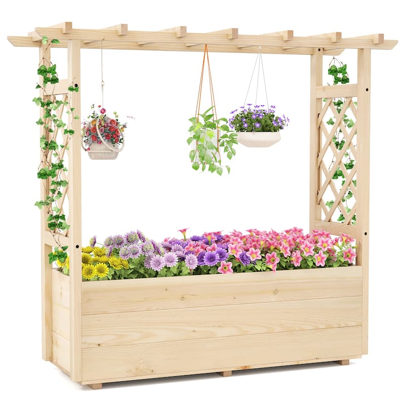 Gymax Wooden Raised Garden Bed/ Lattice Trellises Hanging Roof - Natural