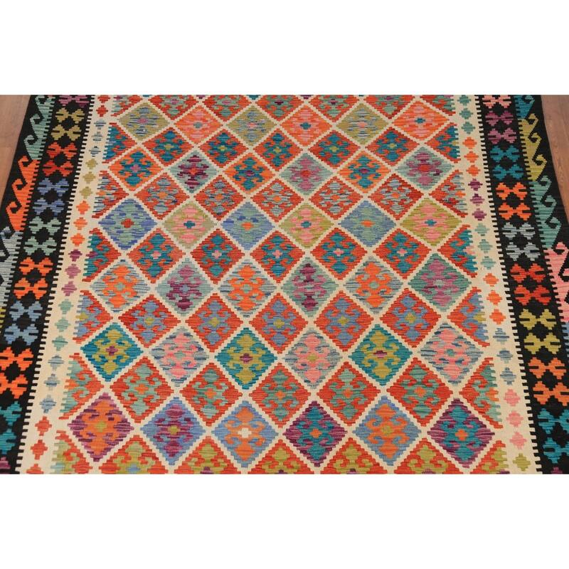 Colorful Trellis Kilim Area Rug Hand-Woven Wool Carpet - 8'3" x 11'8"