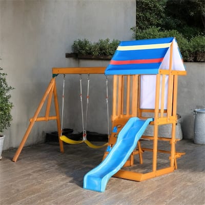 Outdoor 3 in 1 Wood Swing Set with Slide, 2 Swings and Climber