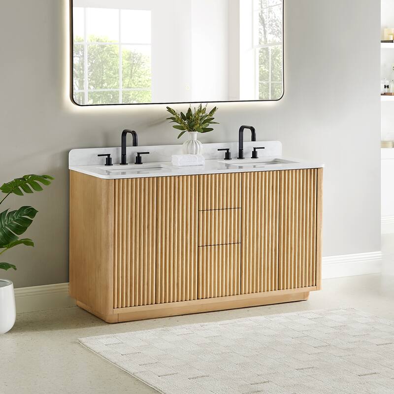 Clayton Bathroom Vanity in Washed Light Brown with Grain White Engineered Stone Countertop without Mirror - 60 inch