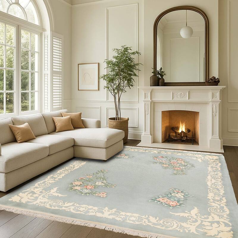 Gertmenian Oriental Estate Traditional Oriental Floral Border Metallion Hand Knot Wool Area Rug Collection - Château Sky - 9x12