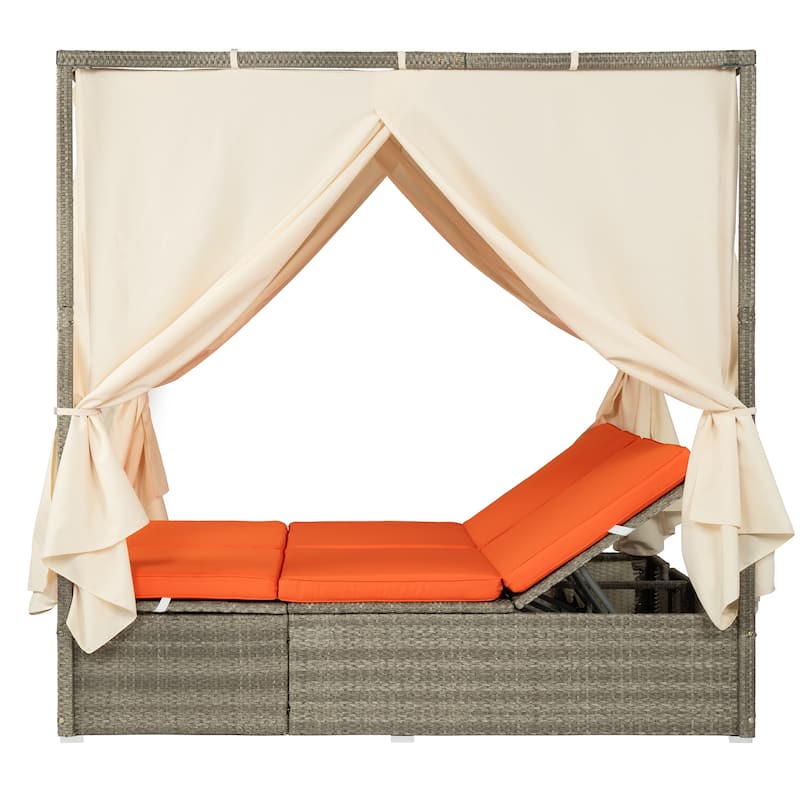 Outdoor Patio Rattan Canopy Daybed Sunbed with Curtain and Adjustable Seat