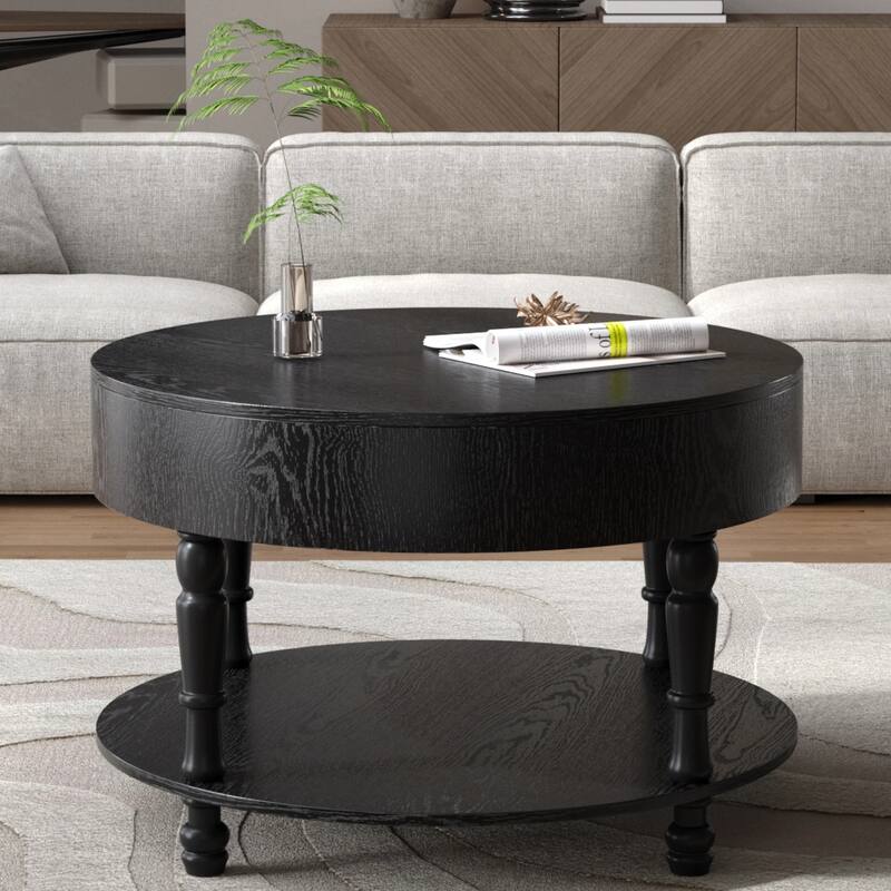 Round Flip-Top Coffee Table with Storage, Dual-Tier Center Table with Adjustable Leveling Feet and Open Shelf - Black