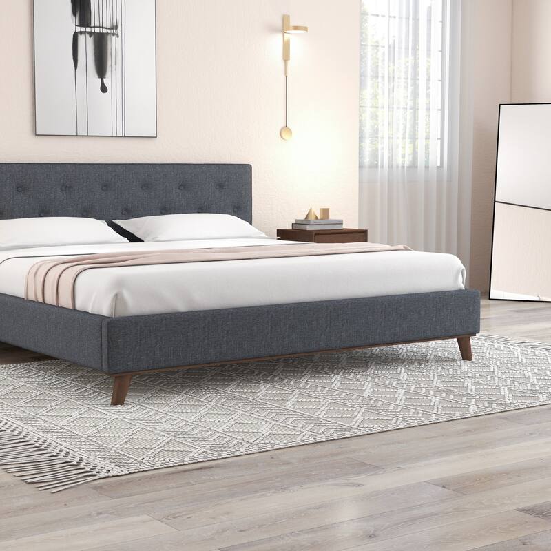 Queen Size Modern Upholstered Platform Bed with Tufted Headboard and Solid Wood Frame, Fabric Grey