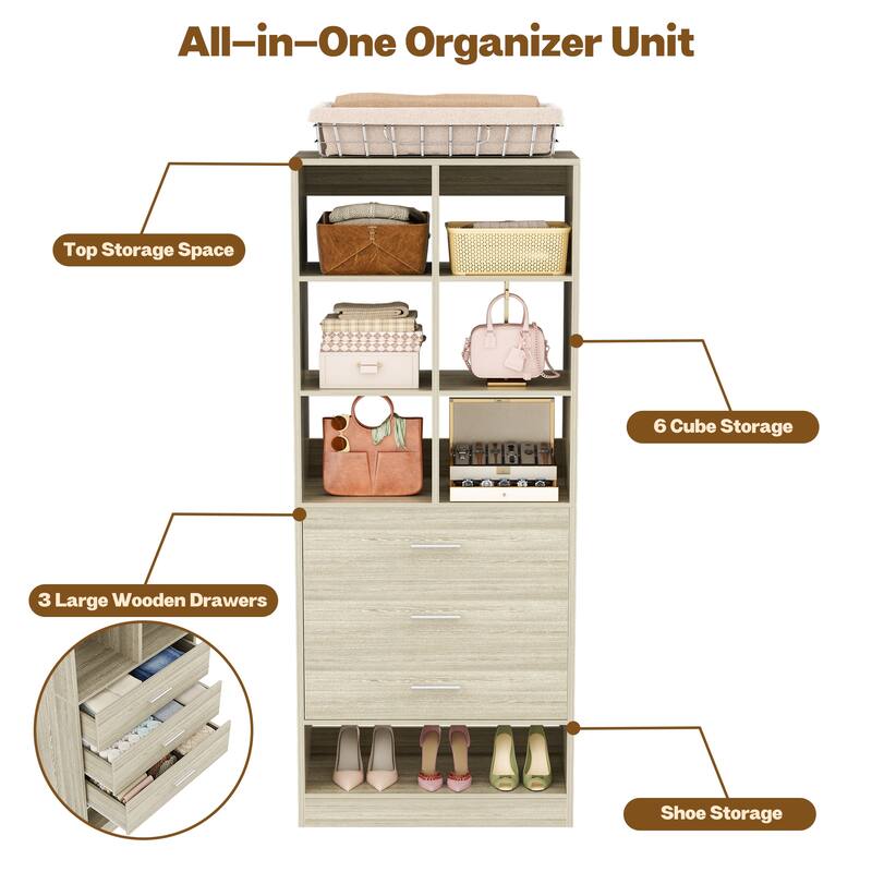 Set of 2 Closet System with 7 Wooden Drawers ＆ 4 Hanging Rods, Heavy Duty Walk-in Closet Organizer System with Shelves