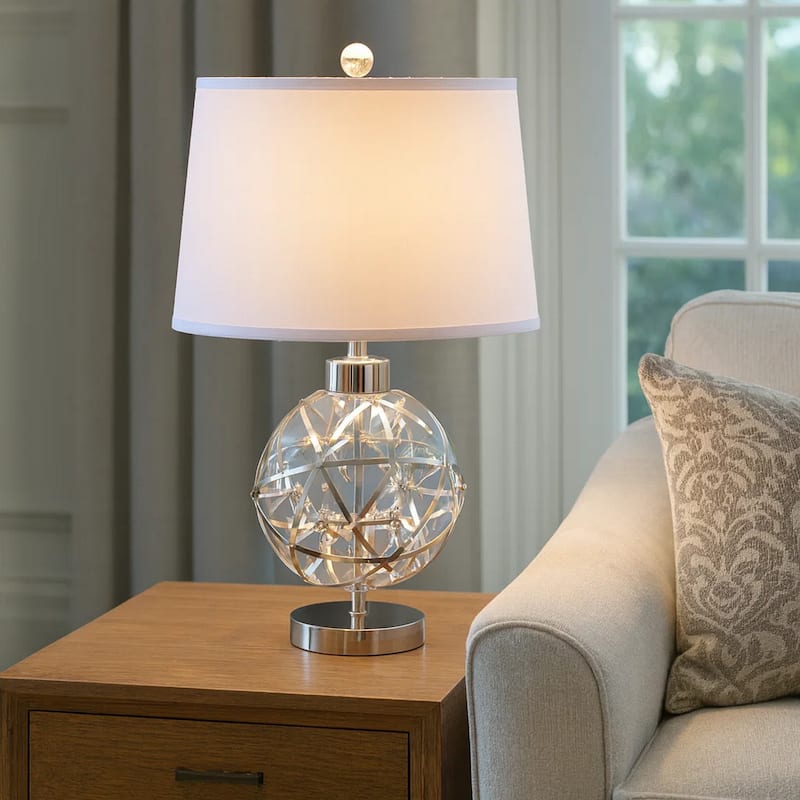 Cue 25 Inch Table Lamp, Empire Fabric Shade, Accent Nickel Round Base