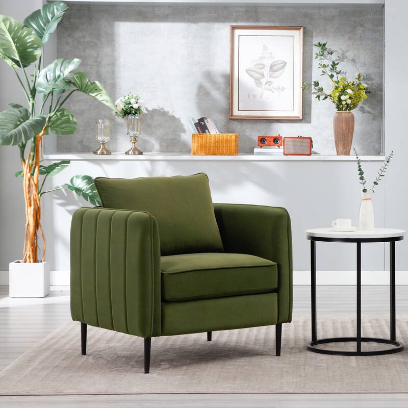 Green Velvet Accent Chair with Metal Legs and Pillow for Living Room