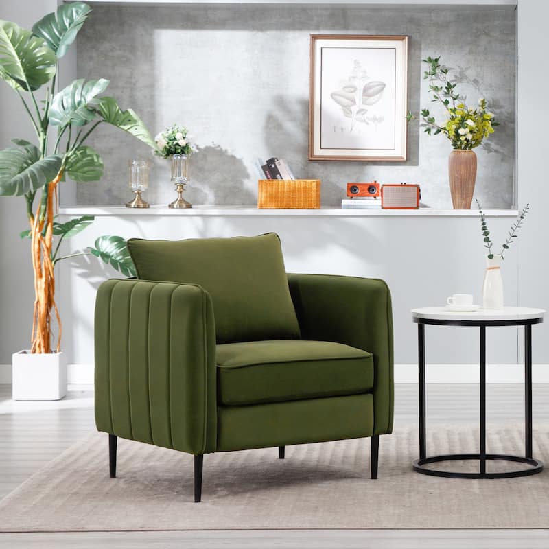Velvet Accent Chair, Comfy Upholstered Single Sofa Chair, Armchair with 1 Pillow and Metal Legs for Living Room, Bedroom
